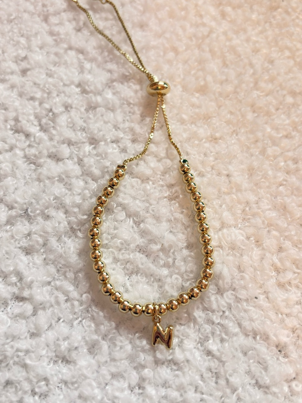 Gold Beaded Initial 'N' Adjustable Bracelet